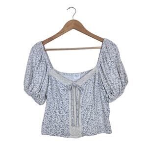 Cottagecore Milkmaid Top L Fitted Blue Ditsy Floral Smocked Puff Sleeve Boho